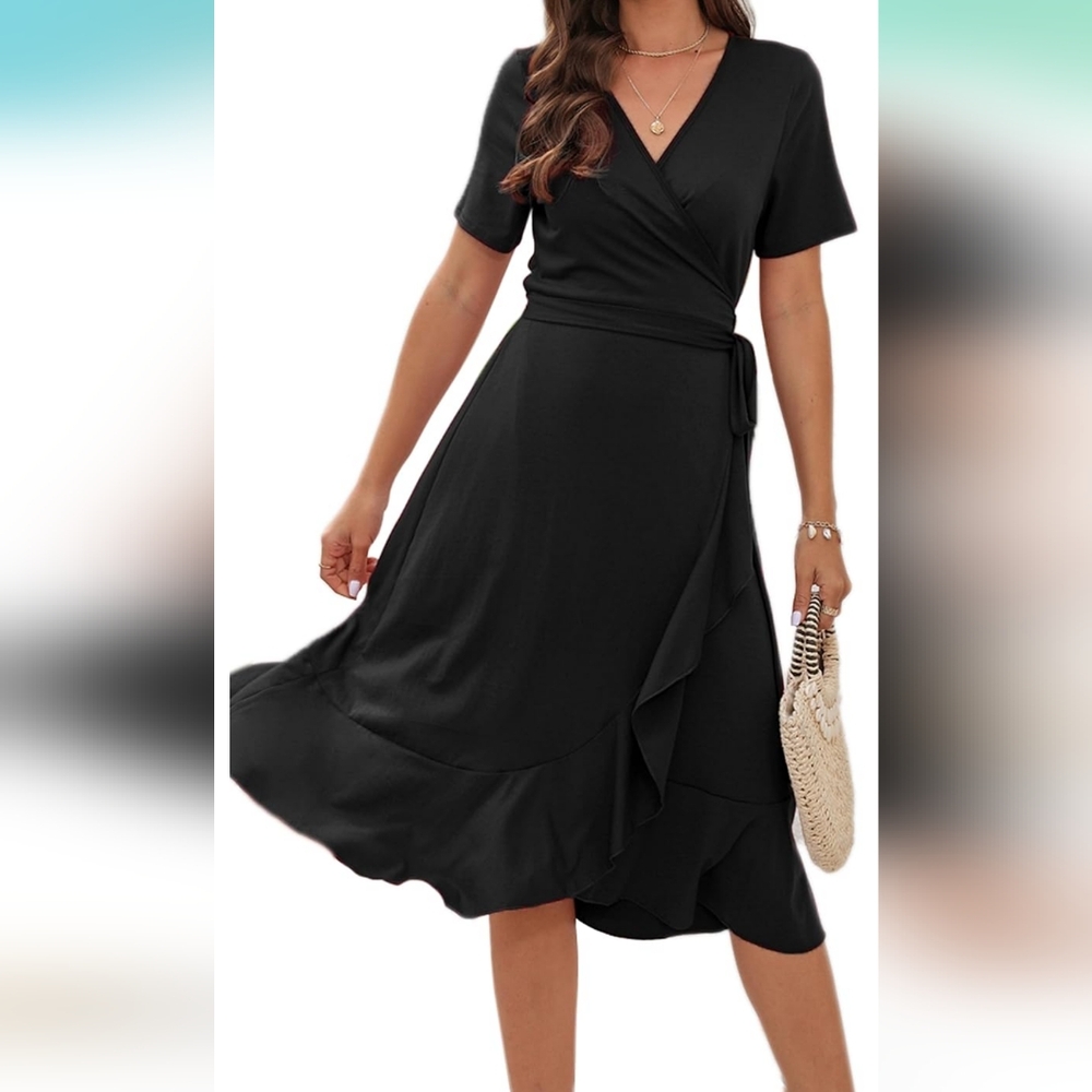 NWT Women's Large V-neck Wrap Dress short sleeve tie waist midi flowy dress